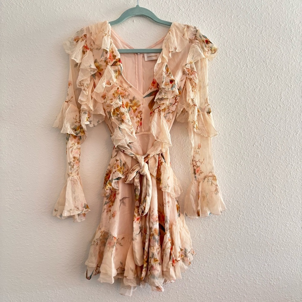 Zimmermann Floral Ruffle Mini Dress in Cream and Pink